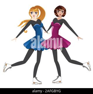 Figure féminine patineurs, blonde en robe bleue et brune en rose. Illustration de Vecteur