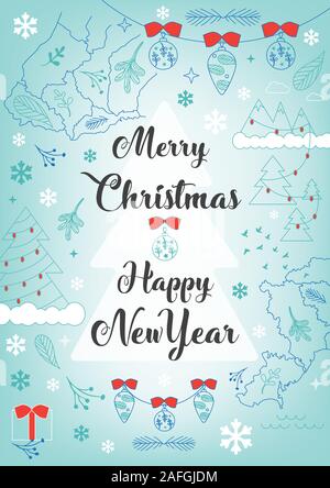 Joyeux Noël et Bonne Année Imprimer carte postale, A5 modèle pour couvrir, maison de bannière, invitation sur la nature, avec des cartes, des cadeaux, des jouets, des feuilles, sn Illustration de Vecteur