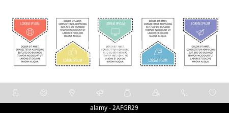 Infographie vecteur modèle plat. Avec la forme de flèche pour cinq diagrammes, graphique, organigramme, timeline, marketing, présentation. Concept d'affaires avec 5 Illustration de Vecteur