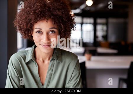 Portrait de femme noire millénaire dans une séance créative open plan office smiling to camera Banque D'Images