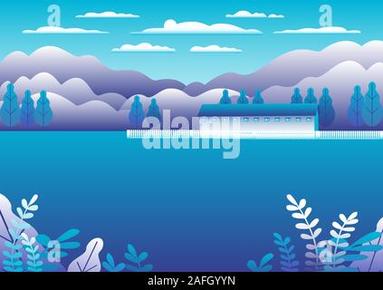 Les collines et montagnes paysage, house farm en télévision style design. Panorama plein air campagne illustration. Champ, arbre, Forêt, Montagnes, ciel bleu une Illustration de Vecteur