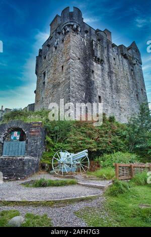 Plaque de bronze portant les noms des membres de Clan MacRae tués à WW! Flanqué de 2 canons de campagne allemands, Eilean Donan Castle, Écosse Banque D'Images