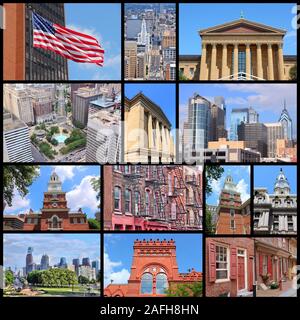 Philadelphia photo collage avec skylines, Independence Hall, Musée, Hôtel de Ville et de Penn State University. Banque D'Images