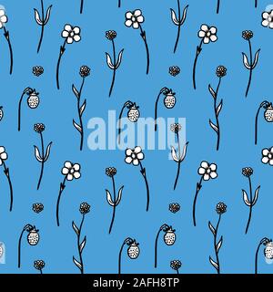 Floral background seamless texture - style retro illustration de l'usine. Des fleurs et des fraises sauvages. Illustration de Vecteur