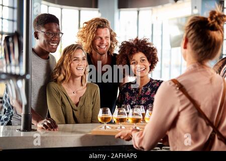 Waitress Serving Groupe des Amis de la bière au bar de dégustation Banque D'Images