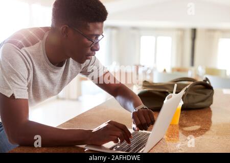 African American man millénaire contrôler les données d'entraînement sur ordinateur portable à la maison après le sport, side view Banque D'Images