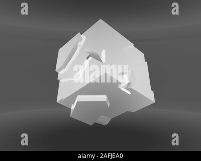 Abstract white flying cube avec la fragmentation est chaotique dans un vide intérieur gris foncé, rendu 3d illustration Banque D'Images