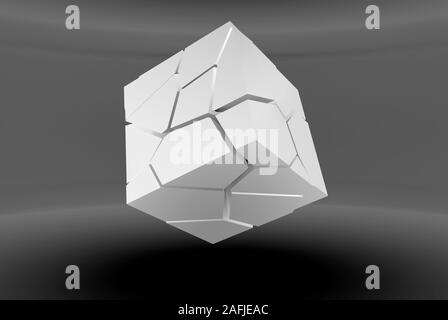 Abstract white flying cube avec la fragmentation est chaotique dans une salle grise vide, rendu 3d illustration Banque D'Images