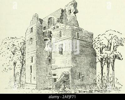 . L'architecture domestique et de l'Écosse, du xiie au xviiie siècle. s-de-chaussée. Un peu plus loin jusqu'à la conduite de la porte située sur la partie principale de l'immeuble. Les mesures de 39 pieds6 pouces par 22 pieds, et est bien éclairé par quatre fenêtres (trois d'entre eux CESSPORD 141 CHÂTEAU - Deuxième période avec des sièges en pierre), et a une belle cheminée à l'extrémité nord, withgood arbres moulé et gravé cuspides (voir Fig. 86). Deux chambres murale,un de chaque côté de la cheminée, entrée dans l'entrée de la windows.Le sol de ces chambres est une étape supérieure à la Banque D'Images