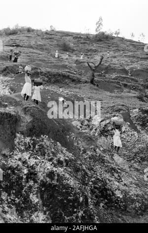 Saumpfaden Bergbauern auf unterwegs nach Markt à Port-au-Prince, 1967. Les agriculteurs de montagne en route to market à Port-au-Prince par l'intermédiaire de pistes cavalières, 1967. Banque D'Images