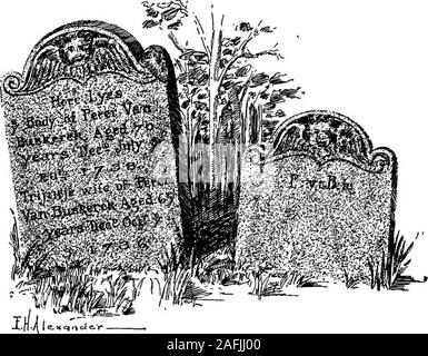 . Première de l'histoire de Bayonne, New Jersey. Le vieux brown les pierres tombales sont encore debout ; l'illus-tration les affiche avec leurs inscriptions comme ils regardent thepresent temps. La chambre que Peter aurait érigé était originallybuilt précédent pour 1700, mais des ajouts ont été apportés pour le bâtiment. C'est le plus ancien bâtiment maintenant debout dans Bay-onne, si ce n'est pas dans l'est New Jersey. Dans l'ancien style néerlandais, itsantiquated l'architecture est remarquable. Une solide base d'stonemasonry s'élève à environ cinq pieds au-dessus du sol, sur lesquels repose la superstructure de brique et afrarne avec joi massive Banque D'Images