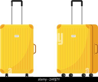 Valise en plastique jaune pour le transport avec roues et poignée rétractable vue avant et latérale. Sac à bagages pour l'été, illustration vecteur plat de voyage de vacances Illustration de Vecteur