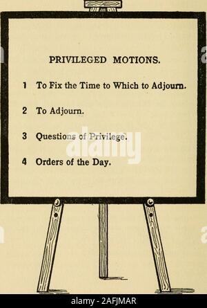 . Douze leçons faciles en droit parlementaire, fondé sur des règles parlementaires made easy. dary Motions. Étude ToTable. (Page 35.) Cette leçon ferme la Motions secondaires. Callspecial attention aux notes en bas de la page 36. La question principale devrait être introduite et quelqu'un se déplace la question précédente afin de cutoff absolument tout débat sur elle, obtenir le floorand passer à table la question précédente. Ceci, cependant, doit être fait dès que le président dit,est la principale question soit maintenant mise aux voix ? (Cette isstating la question précédente), et avant qu'il isvoted sur. Après avoir été demandé par thattwo-thi Banque D'Images