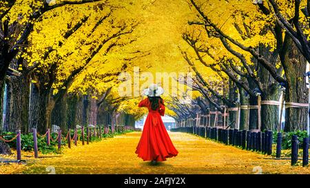 Belle fille qui marche à la rangée d'arbre ginkgo jaune en automne. Autumn park à Tokyo, Japon. Banque D'Images