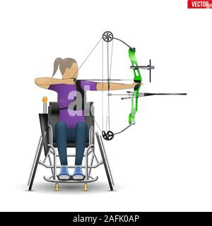 Mobilité archer visant l'athlète sports avec arc. Tir à l'équipement de sport pour les athlètes paralympiques. Handicap femme Archer visant une flèche. Illus vectoriel Illustration de Vecteur