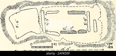 . Journal of the Royal Society of Antiquaries of Ireland. pratique sual pentes,vers l'ouest. Il mesure 13 pieds de long, de 6 pieds à 10 pieds de largeur, et un pied d'épaisseur, et repose sur trois pierres 5 à 7 pieds de haut,les autres ayant diminué. La structure forme une chambre, 9 pieds 3 incheslong, effilé vers l'est de 4 pieds 3 pouces à 3 pieds 9 pouces entre-nalement ; il se trouve dans les vestiges d'une motte, et n'est pas évolué depuis 1862. Non loin au nord de ce cromlech il y a un long verysuggestive glen herbeux d'un lit de rivière, et l'exécution dans le cadre du plateau de Cragballyconoal theridge de près de Banque D'Images