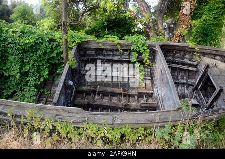 Bateau cassé abandonnés ou vieux bateau en bois couvert de végétation à la Seyne-sur-Mer Var Provence France Banque D'Images