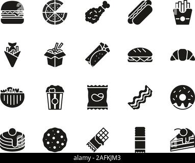 Fast Food ou Junk Food Icons Set Noir & Blanc Grand Illustration de Vecteur