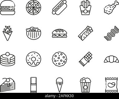 Snack ou Junk Food Icons Set fine ligne Big Illustration de Vecteur