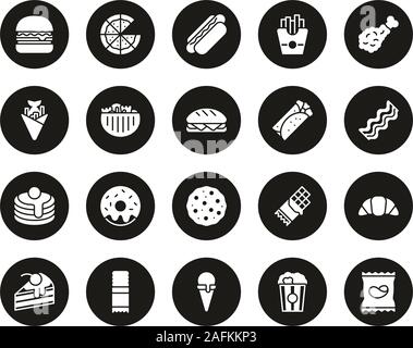 Snack ou Junk Food Icons Blanc sur noir Big CircleSet Illustration de Vecteur