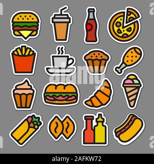 Illustration de set autocollants fast food et insignes Illustration de Vecteur