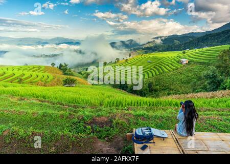 Femme marche dans le champ de riz Bali Banque D'Images