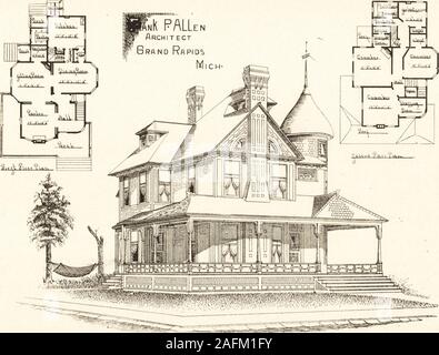 . Logement : offrant une vue artistique, des plans et des estimations de coût de nombreux cottage - dessins et modèles industriels, l'établissement des coûts à partir de $600, conçus et sélectionnés avec une référence particulière à l'économie dans la construction et la commodité d'arrangement. N° 41.61 n° 44. Image TWOSTOR^ et Grenier Résidence. Largeur. Longueur : 36 pieds, 52 pieds 6 pouces, non compris porche. Ofstories-Hauteur 10 pieds, première, deuxième, 9 pieds. La fondation en pierre à fond ; Cave cave sous toute la maison : murs latéraux sitied,gables, lambrissé de bardeaux de toiture. ACCOnnODATIONS. Première histoire a beau hall avec penderie, avant et arrière Stai Banque D'Images