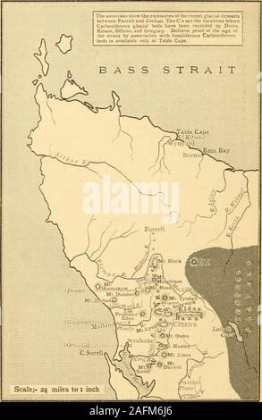 . Le journal trimestriel de la Société géologique de Londres. f ice-action dans leurs localités. Au cours d'une première visite à la Tasmanie J'avais été frappé par themorainic aspect de certains lits près de Farrell, Emu-Bay andZeehan sur le .Chemin de fer. La localité est à environ 60 kilomètres de Burnie, en analtitude de 1300 pieds. Pour l'occasion d'examiner ces bedsI suis redevable à M. J. Stirling, le gestionnaire de la voie ferrée, whokindly arrête le train à cette fin. Availableclearly La preuve montre que les lits sont d'origine glaciaire. Ils comprennent des blocs erratiques somegigantic : conglomérat on mesure 25 par 18 Banque D'Images