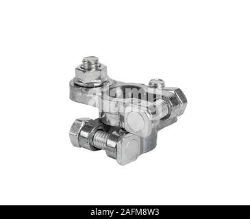 Deux aspects positifs et négatifs metal terminal connecteur de batterie du véhicule isolé sur fond blanc Banque D'Images