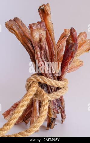 Un ensemble de tendons de boeuf séché pour animaux domestiques est attachés avec une corde. Gâteries pour chiens sains déshydraté. Mâcher de la traite. Les tendons de boeuf. Banque D'Images