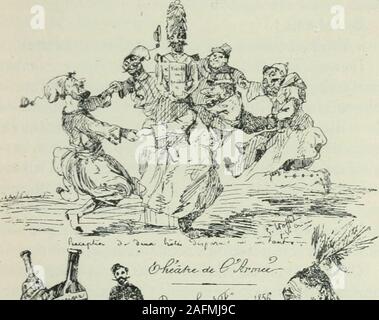 . Histoire des théâtres de société. les députés. " Les affiches, dit La Bédollière, were enjo-livées de dessins peu remarquables au point de vueartistique, quoique spirituellement crayonnés, maisqui décelaient une invincible bonne humeur. Iciun bourgeois de Sébastopol gourmandait sa femmeen lui disant : " Ah ! Vous en tenez pour les Français, madame" Komatoff ! " Là des officiers encapu-chonnés et abrités sous des parapluies riaient decet avis : " La direction du théâtre prend les rafraî- chissements(je à son compte. » Laffichereprésentait tantôt des Russes qui se glissaient du cotédes coulisses, et Banque D'Images