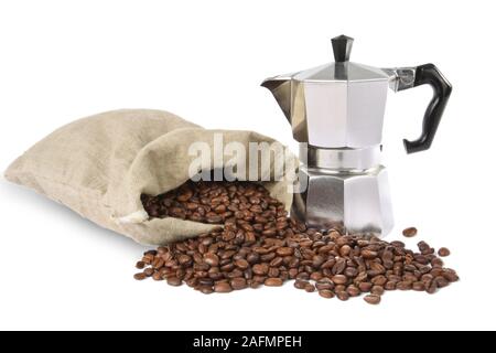 Les fèves de café espresso avec pot Banque D'Images