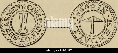 . Les jetons émis dans le dix-septième siècle en Angleterre, Pays de Galles, et en Irlande. par la société de Kendal lorsque la charte ofCharles I. a été obtenu, comme ils ne sont pas inscrits ; ils sont trimestrielles, d'abord, andfourth trois axes, deuxième et troisième, trois-woolhooks les roulements étant en-dicative de l'agrafe du commerce de la ville. Le même bras sont gravés sur un silvertankard et une épée, appartenant à la société, avec le mot d'Pannusmihi panis (tissu est mon pain). Les lettres k k. sans doute pour les initiales de Kirkby-Kendal andare, gravé sur le sceau d'argent qui a été en usage Banque D'Images