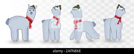 Collection de Noël mignon Lamas isolé sur fond transparent.bleu Lamas. Peu de beaux Lamas. Personnages de Noël. Icon Set. Vector Illustration de Vecteur