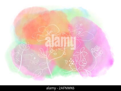 Explosion de couleurs du printemps à l'aquarelle peinture splash dans des tons pastel avec des fleurs à la main. Contexte créé par ordinateur isolé sur blanc. Banque D'Images