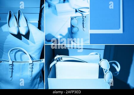 Collage de la mode fait avec photos inspiré par classique bleu couleur de l'année 2020. Vie dans différentes couleurs bleu classique. Banque D'Images