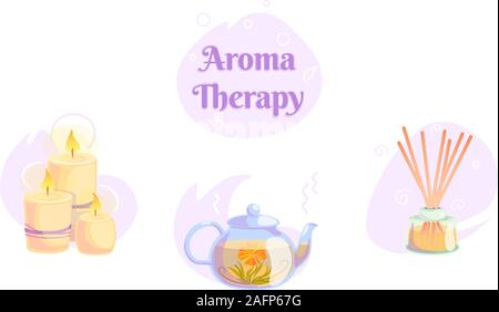 L'Aromathérapie icons set avec des bougies, des fleurs de thé, arôme de bois bois dans l'illustration isolées sur fond blanc. Nature spa wellness Se détendre Concept et design de logo en bonne santé. Oriental Zen Alternative Illustration de Vecteur