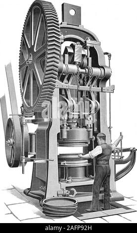 . Scientific American 74 Volume Numéro 14 (avril 1896). préparation d'hollowware est ici adapté à la fabrication d'bicyclewheels. Le processus suivant est de découper le centre de theblank, par quelle opération il est converti de sa plaque d'dishor forme comme à celle d'un cercle, et commence à avoir une certaine sorte de ressemblance avec une jante de roue. Thecutting hors de la centeris fait en un tour de shearsmounted ayant apair renouvelable sur une diapositive reste.l'intérieur isbrought cutter jusqu'à ce qu'il justtouches thecutter le travail, et de l'autre côté isthen appuyée par la maison alever. En partie l'formedrim est alors introduit t Banque D'Images