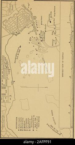 . La marine et les corsaires barbares. le nombre d'hommes à afloatthan Preble avait sous son commandement. Vesselswere ces disposé derrière la longue ligne de récifs extendingtwo miles de l'angle nord-est de la ville, andforming le côté nord du port, à travers les ouvertures dans thenumerous qui leur couldsally des embarcations légères de suite d'attaque et de prendre sa retraite en vertu de l'theirbatteries rapidement lorsqu'il est poursuivi. Compte tenu de la Constitution et les récifs de shoalwater n'a pas pu obtenir d'nearenough les détruire. La journée avant d'arriver o£B Tripoli le premier à matterattended a été le remplissage des fûts d'eau de l'arme-bateaux, et Banque D'Images