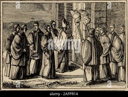 . La Protestant : essais sur les principaux points de controverse entre l'Église de Rome et les Réformés : avec une annexe illustrant Jesuitism, monachism papauté et en Amérique ... N° 31. La bénédiction de la fondation, p. 8.. N° 32. L'évêque fait le signe de la croix à la porte de l'église. p. 6. Banque D'Images