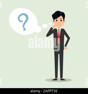 L'homme d'affaires pense avec point d'interrogation dans pense que bubble vector illustration. L'homme d'affaires et en question pense que la bulle. Vector Illustrator. Illustration de Vecteur