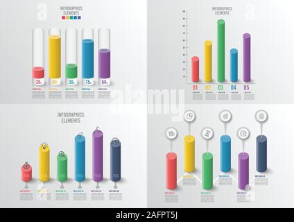 Les graphiques et les tableaux. Statistiques et données, concept d'entreprise iInfographic avec 4, 5 options pour content, schéma, organigramme, étapes, pièces, chronologie. Illustration de Vecteur