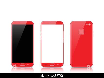 Écran tactile moderne rouge portable smartphone tablette isolé sur fond clair. Phone avant et arrière isolés. Vector illustration. Illustration de Vecteur