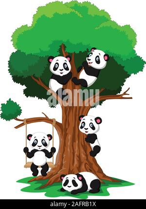 Panda bébé Cartoon jouant sur un arbre Illustration de Vecteur