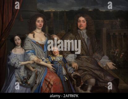 Sir Robert Vyner, apprêt baronnet (1631-1688). Banquero, orfebre y alcalde de la ville de Londres (1674-1675). 'Familia de Sir Robert Vyner'. Sir Robert, su esposa Marie (m. 1674), Bridget Hyde (1662-1734) hija de Dame Vyner de su primer matrimonio, hijo Carlos Vyner (1666-1688). Retrato realizado por el artista John Michael Wright (1617-1694). Oleo sobre lienzo, h.1673. National Portrait Gallery. Londres. Inglaterra. Banque D'Images