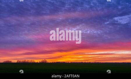 Orange violet purple nuages sur un champ vert. Violet orange blue cloudy sky après le coucher du soleil sur un pré vert Banque D'Images