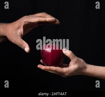 Main blanche pomme rouge donne à la main de l'Afrique. La diversité ou la conception religieuse Banque D'Images