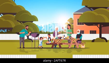 Multi generation family préparer des hot-dogs sur le gril heureux grands-parents Les parents et les enfants s'amusant backyard barbecue pique-nique télévision concept illustration vectorielle horizontale pleine longueur Illustration de Vecteur