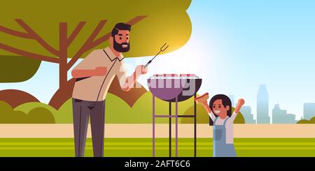 Père et fille de préparer des hot-dogs sur le gril happy family having fun barbecue pique-nique party concept parc d'été fond paysage portrait illustration vecteur horizontal plat Illustration de Vecteur