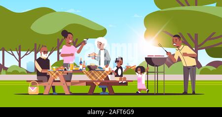 Multi generation family préparer des hot-dogs sur le gril barbecue pique-nique party concept parc d'été fond paysage télévision horizontale pleine longueur vector illustration Illustration de Vecteur